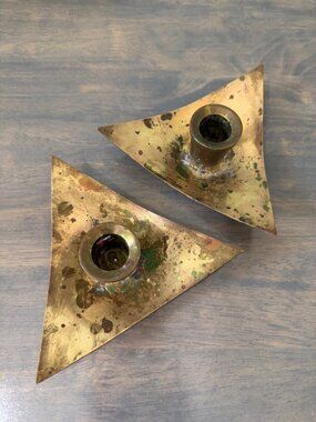 MCM  Brass Triangle Boat Candle Holders Set of Two